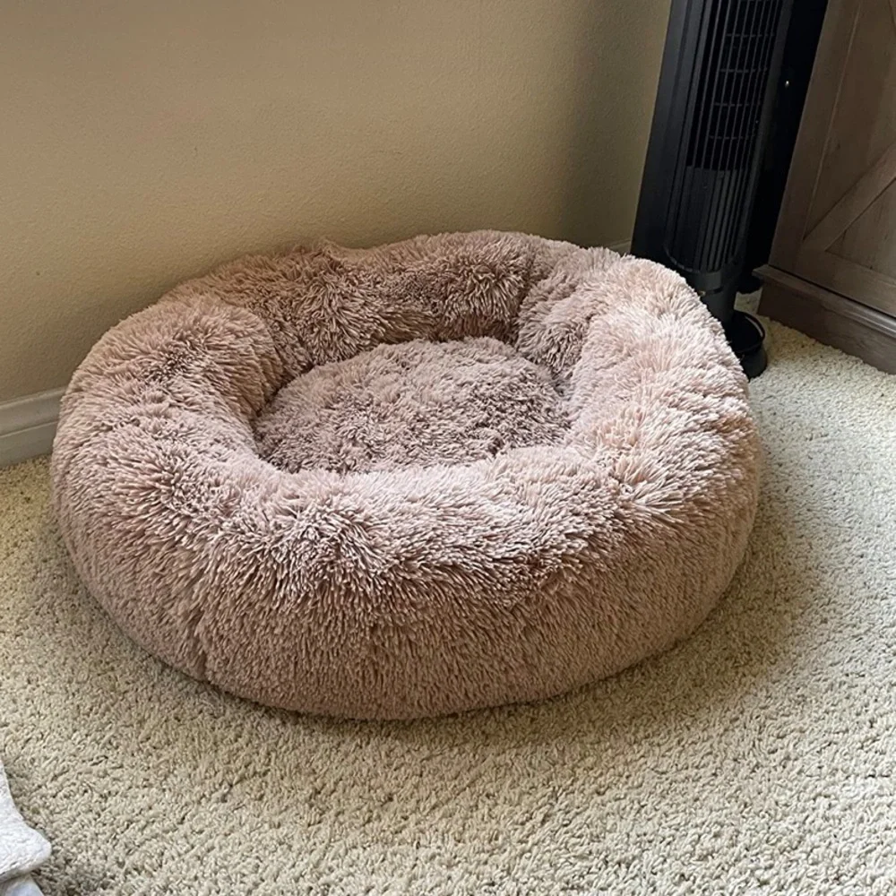 Lightly taupe Fur Round Container calming bed Deluxe Super Plush Pet Bed